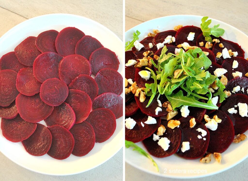 beets are sliced and place on a white plate in a circular design.