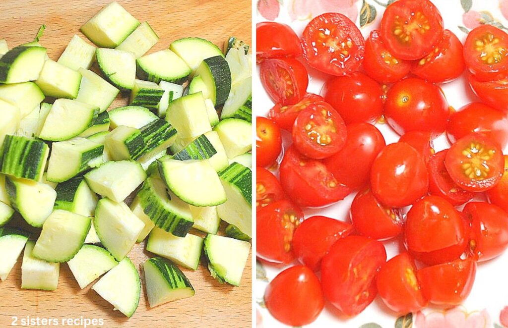 A wood board with chopped zucchini and sliced cherry tomatoes.