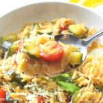 A spoonful of orzo pasta with veggies.