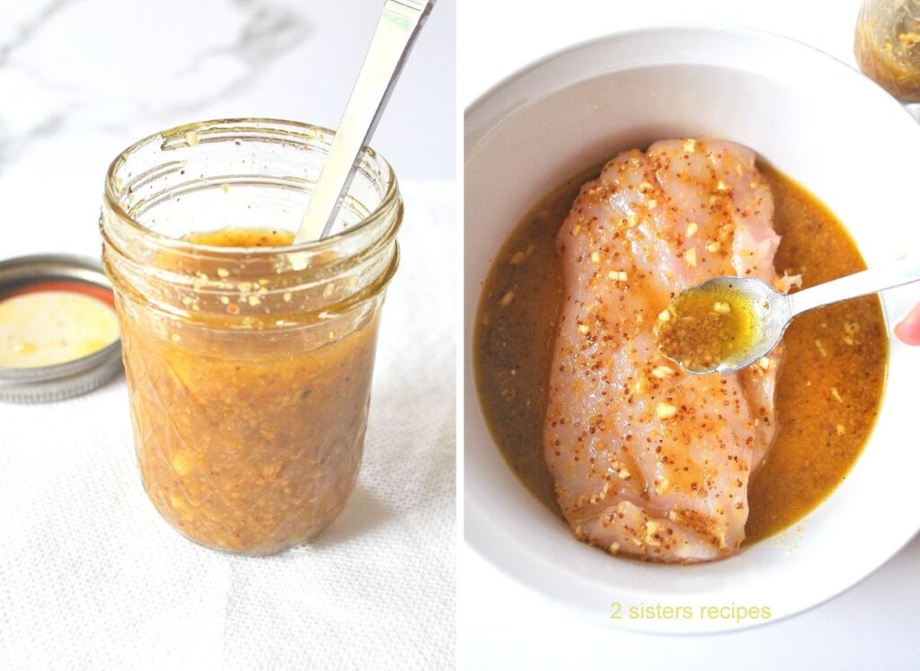 A small mason jar filled with a honey mustard glaze mixture, and a white baking dish with raw grouper topped with the glaze.