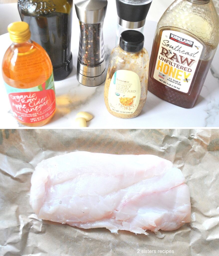 All the ingredients are displayed on the table, and a raw grouper is placed on wax paper.
