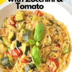 A white plate filled with orzo pasta, chopped zucchini and tomatoes.