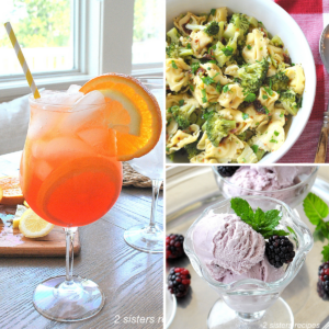 A tall wine glass of orange colored cocktail, blackberry ice cream and a white bowl salad with tortellini and broccoli.