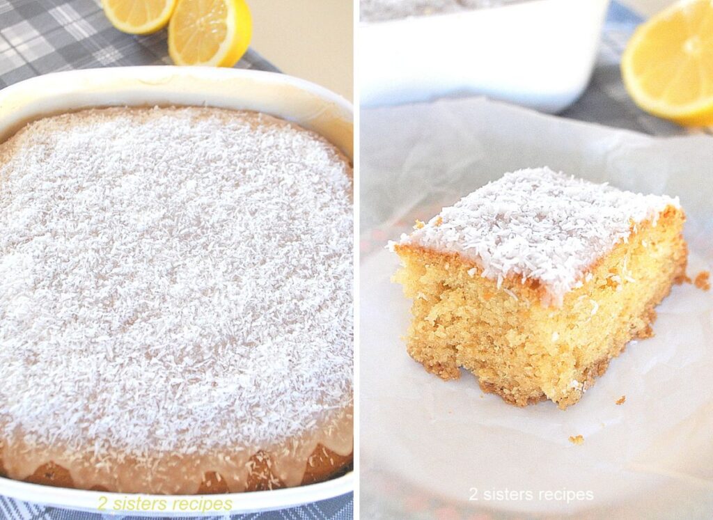 A split screen with a baked cake topped with a coconut glaze, and a slice of cake on a white plate.