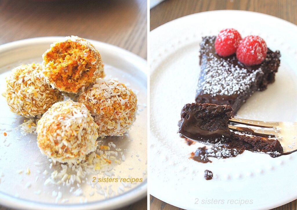 A silver round platter with 4 carrot cake bites, and a forkful of flourless chocolate cake.