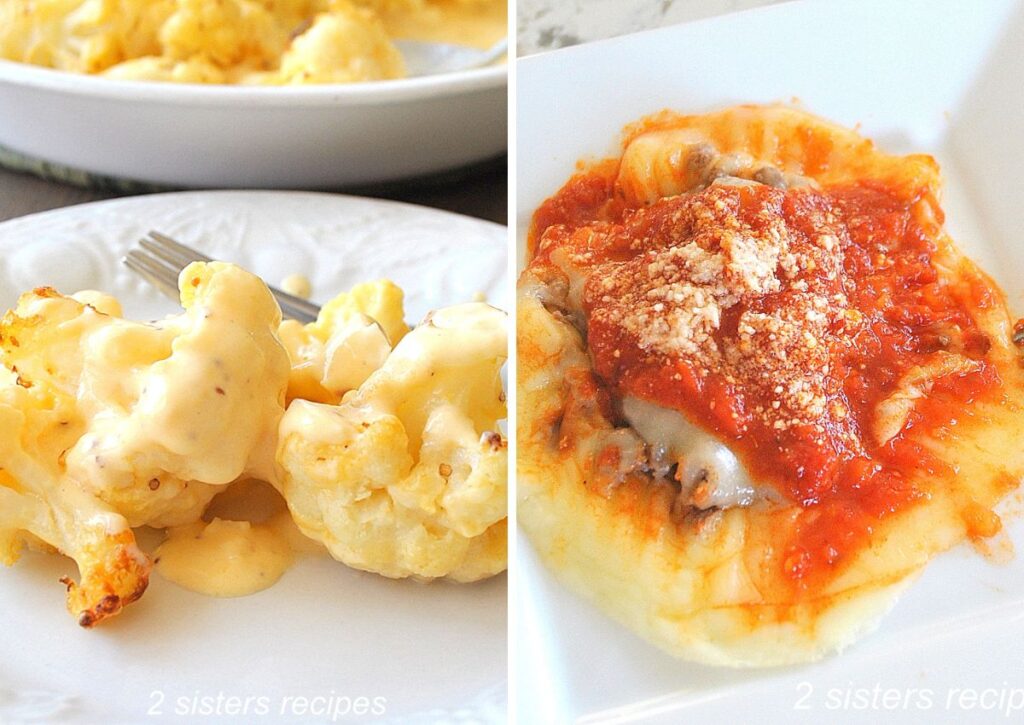 Cauliflower covered with melted cheese on a white plate, and a keto ravioli stuffed with meat, covered with tomato sauce on a white plate.