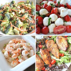 White plates filled with different salads, including shrimp salad, broccoli salad, chicken salad, and tomato & bocconcini.