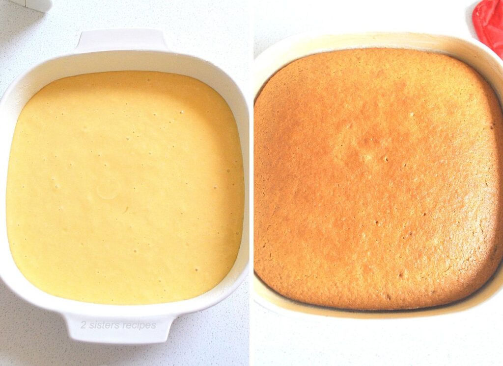 A white square baking dish filled with cake batter, and then baked.