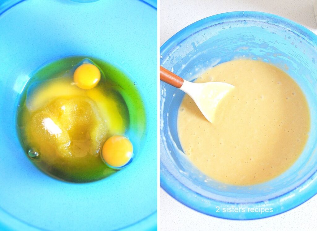 A blue color mixing bowl with raw eggs, sugar, and olive oil, and then blend with flour with a spatula stirring.