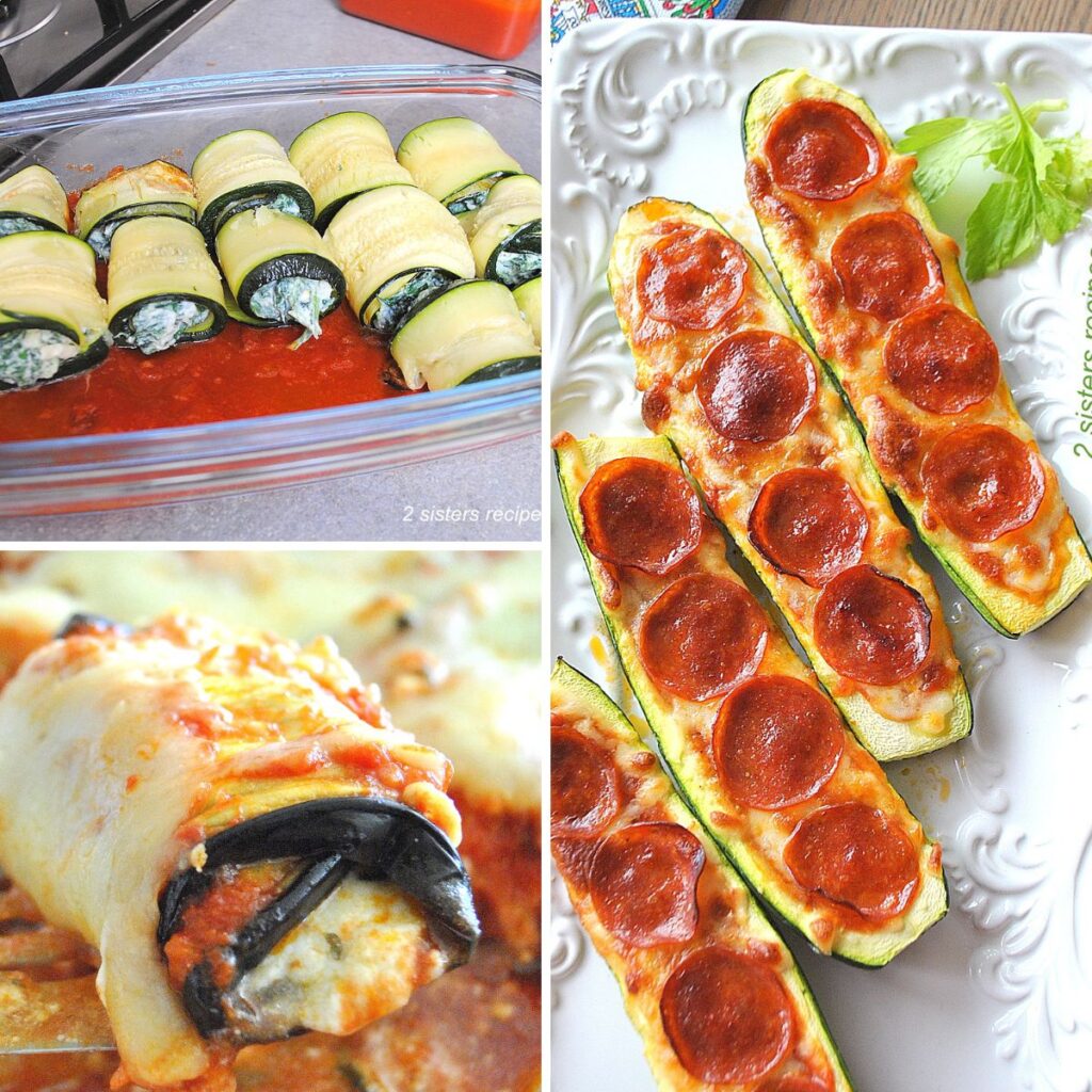 A platter filled with raw zucchini rollatini sitting in baking dish with tomato sauce, zucchini stuffed pepperoni pizza, and eggplant rollatini.
