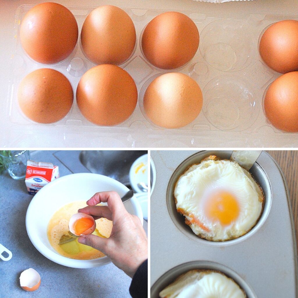Raw eggs in a clear package, a raw egg yolk going into a white bowl and an baked egg in muffin pan.