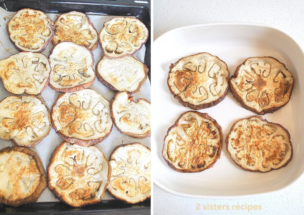 A black roasting pan with slices of roasted eggplant, and a baking dish with the first layer of eggplant slices.