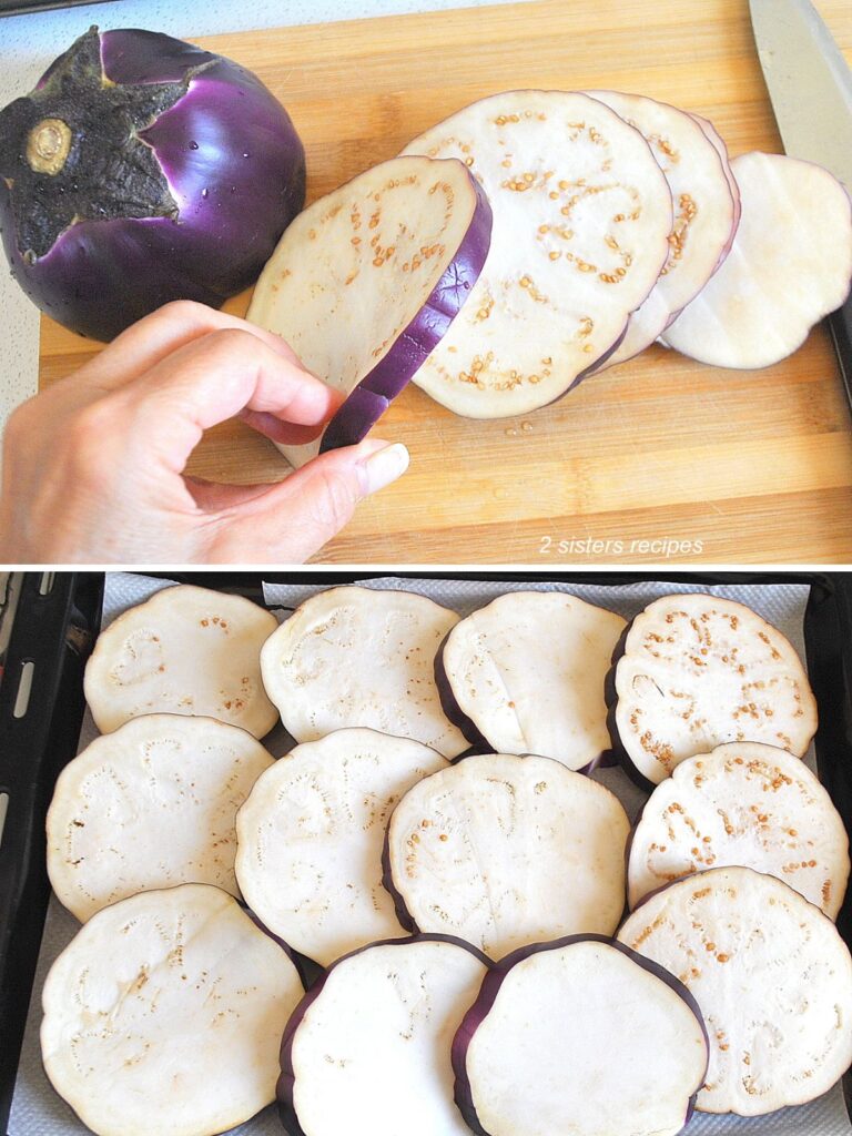 A round purple colored eggplant sliced about 1/2-inch thick on a cutting board.