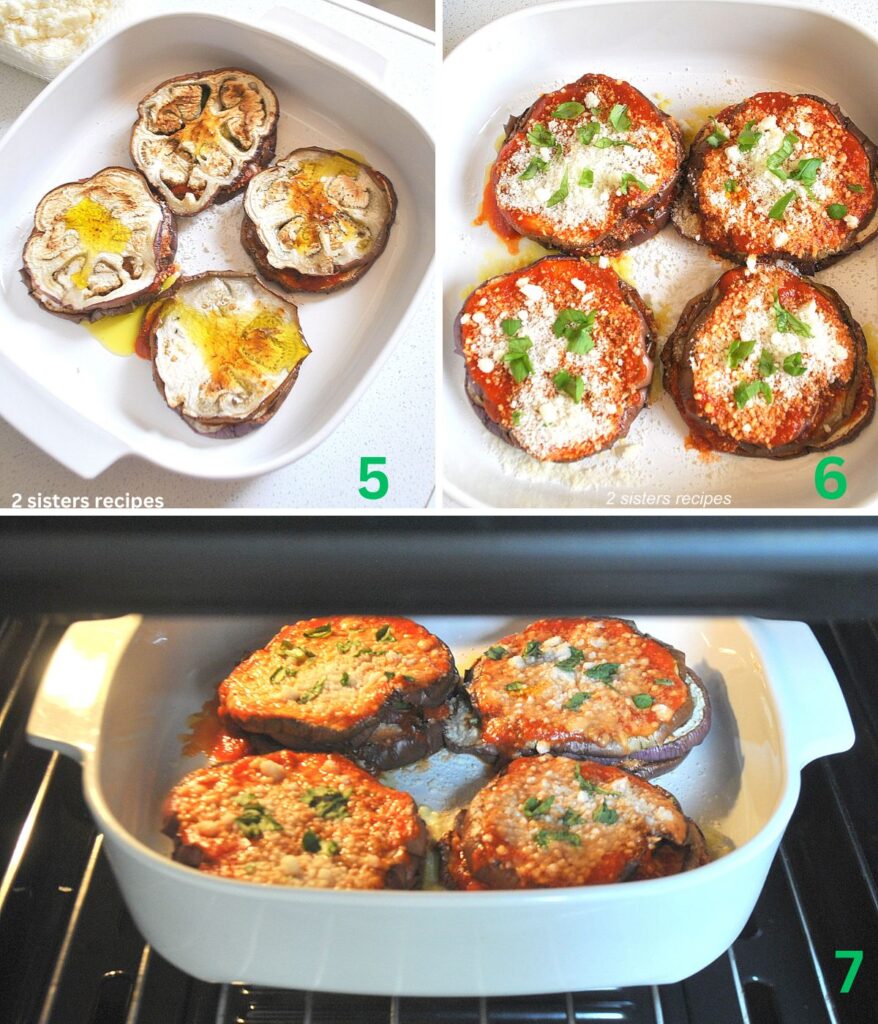 some olive oil is drizzled over each eggplant slice, then top with sauce, cheese and fresh basil. Then into the oven to bake.