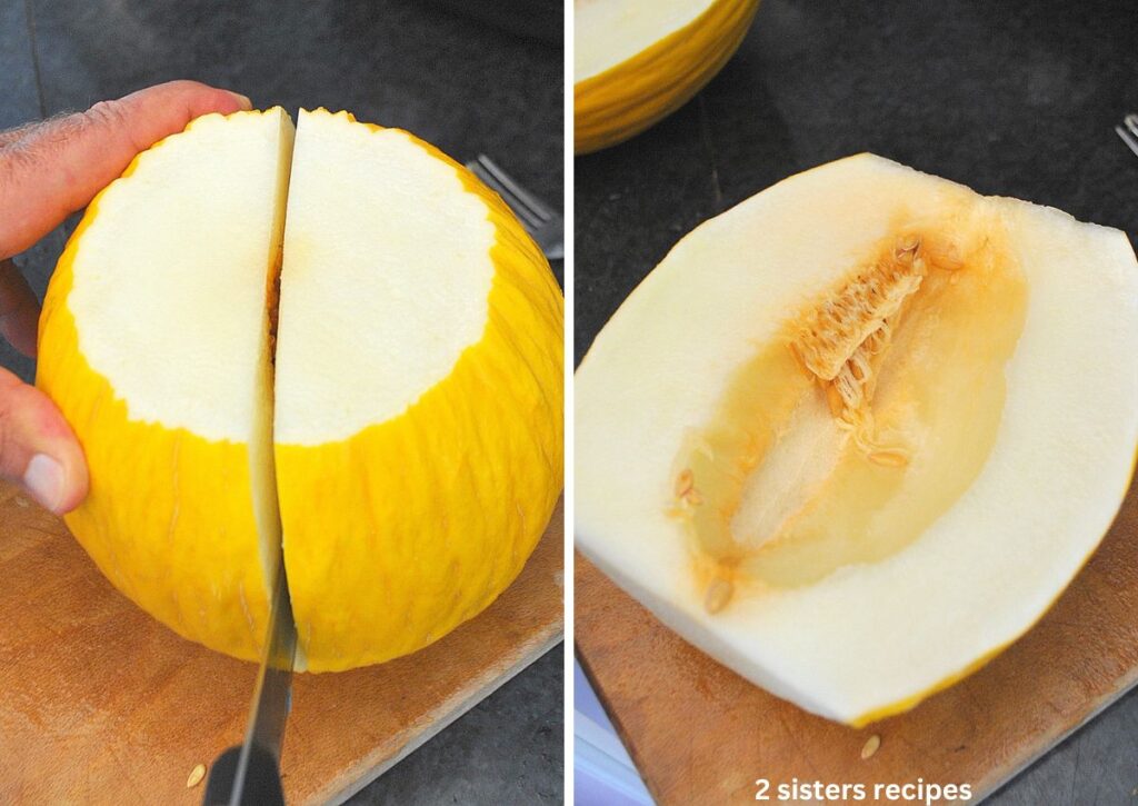 Slicing a yellow melon in half on a cutting board, and cleaned out the seeds in the center.