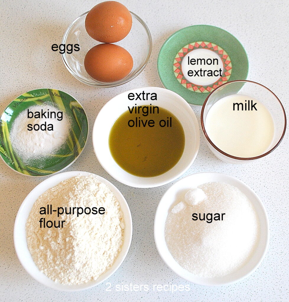 7 small bowls each filled with one ingredient for this breakfast cake.