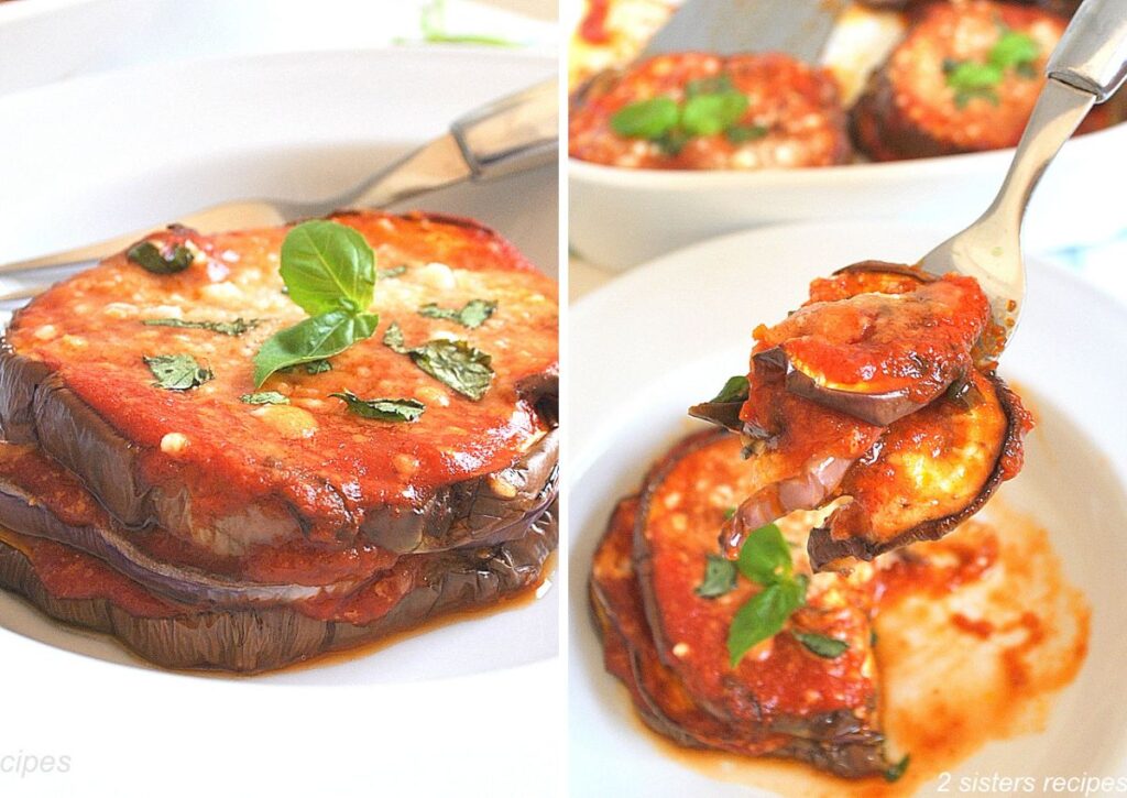 one eggplant stack served in a white plate, and a forkful of eggplant parmesan.