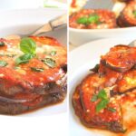 one eggplant stack served in a white plate, and a forkful of eggplant parmesan.