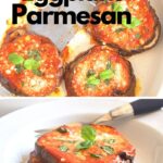 Sicilian eggplant parmesan stacked, baked and serve in a white baking dish.