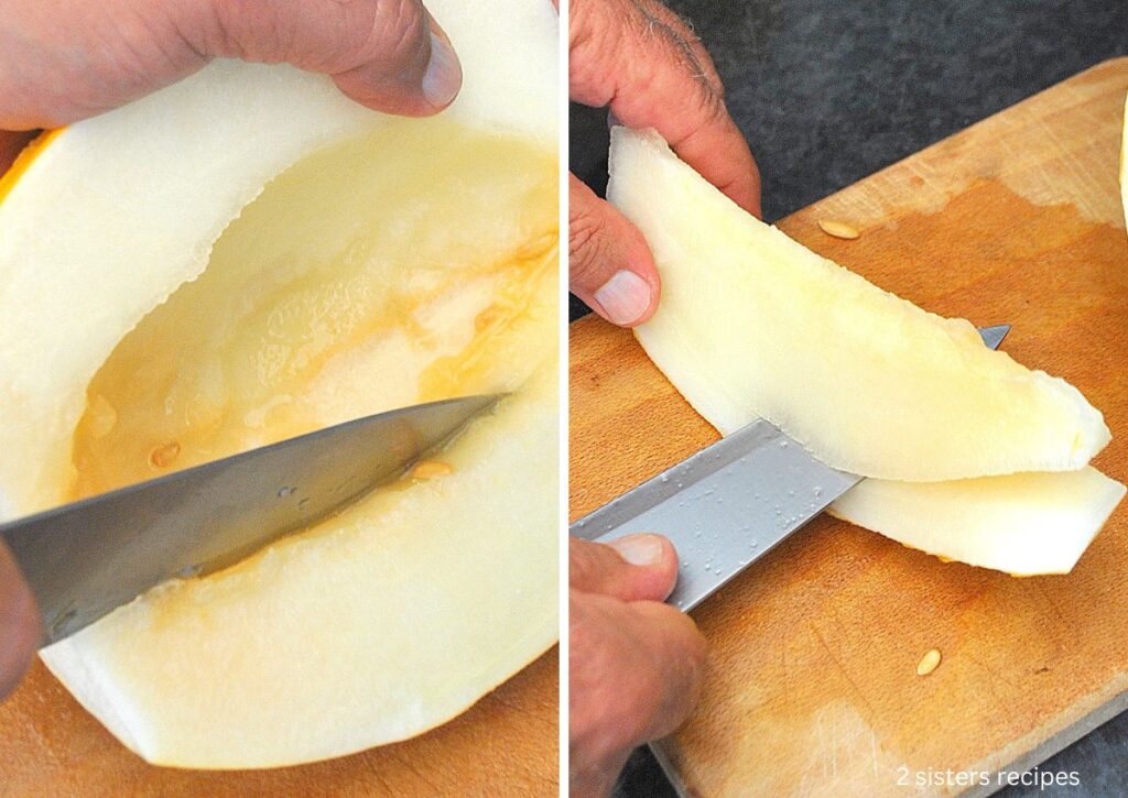 Slicing a yellow melon on a cutting board.