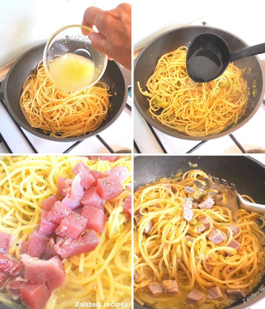 lemon juice is poured over cooked spaghetti in a large skillet topped with raw cubes of fresh tuna, and stirred until tuna is cooked.
