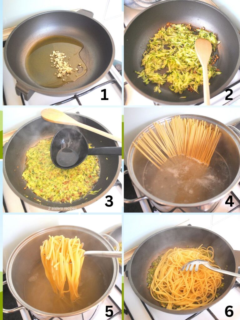A large skillet with minced garlic, shredded zucchini, spaghetti added to a pot with boiling water, then strained and added to the skillet.