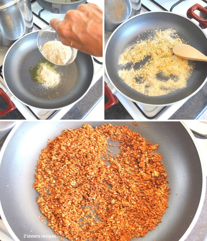 A skillet with bread crumbs cooking on stove top.