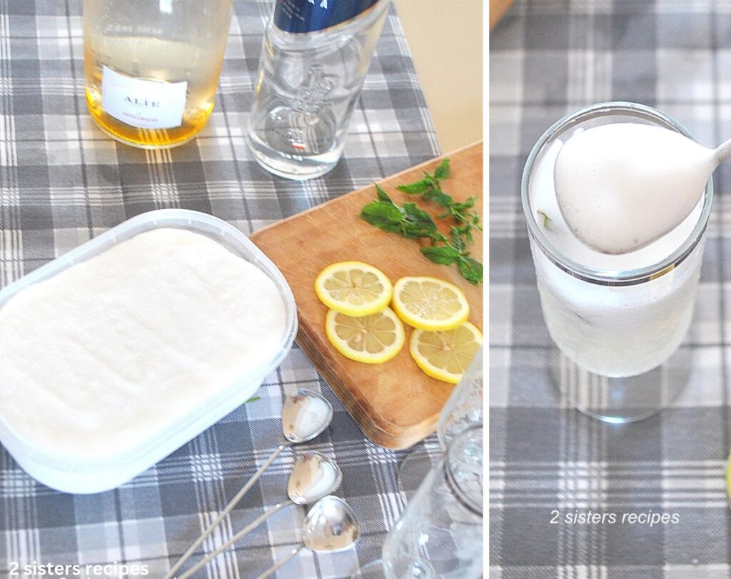 A tub with lemon sorbet, cutting board with lemon slices, fresh mint and 2 bottles of alcohol.