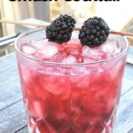 A crystal cocktail glass filled with blackberry smash cocktail drink with 2 fresh blackberries on a pick as a garnish.
