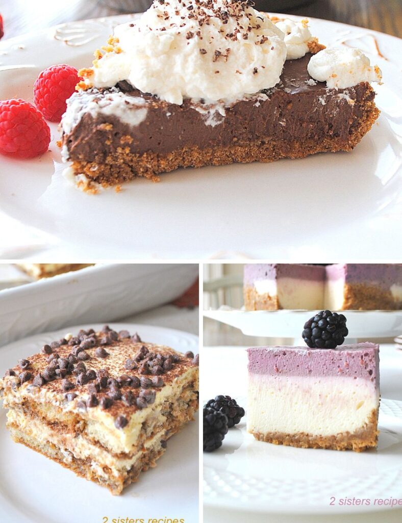 A slice of chocolate cream pie topped with whipped cream, a slice of tiramisu cake, and slice of blackberry cheesecake all served on a white plate.