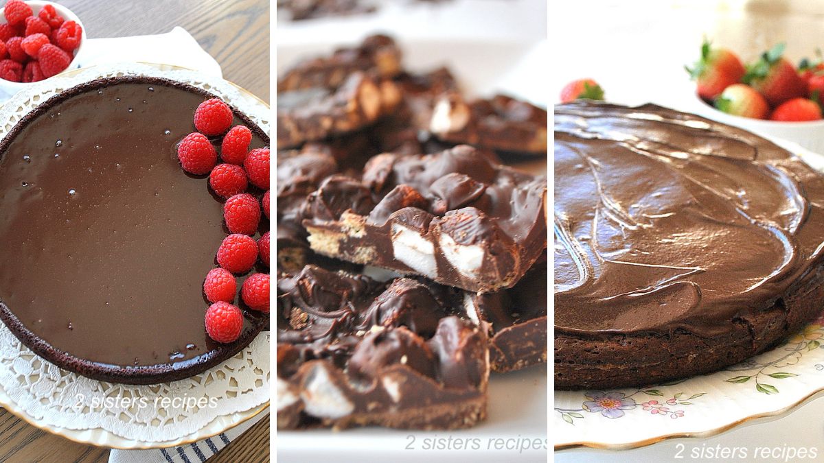Chocolate cake with fresh raspberries, chocolate bark, and chocolate cake with chocolate ganache on top.
