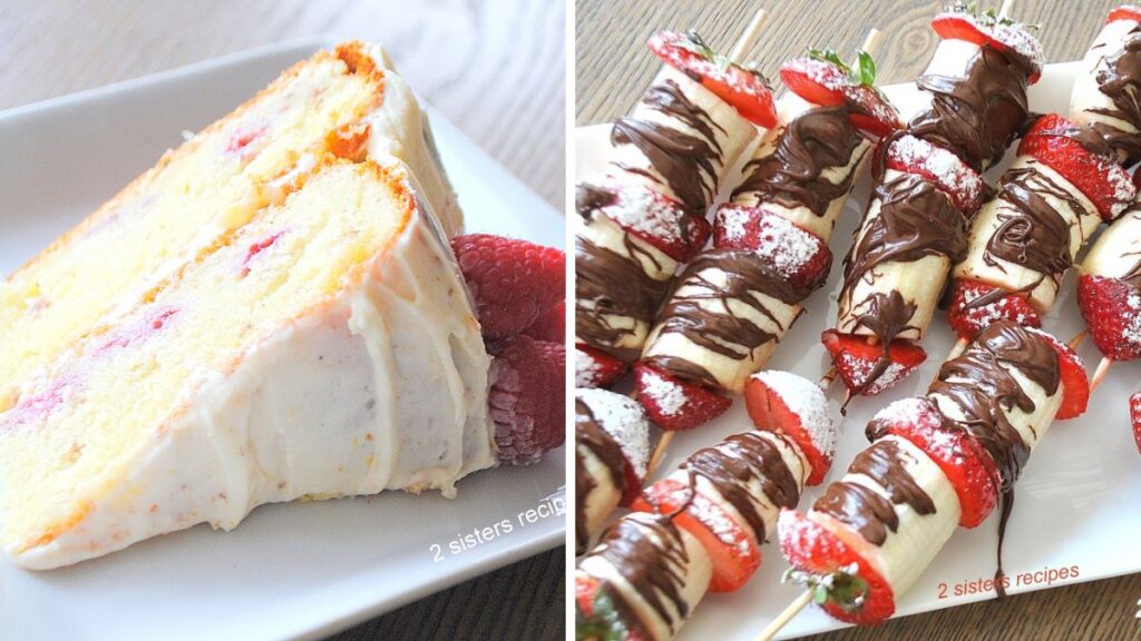 A lemon raspberry cake and strawberry banana kabobs with chocolate drizzled over them.
