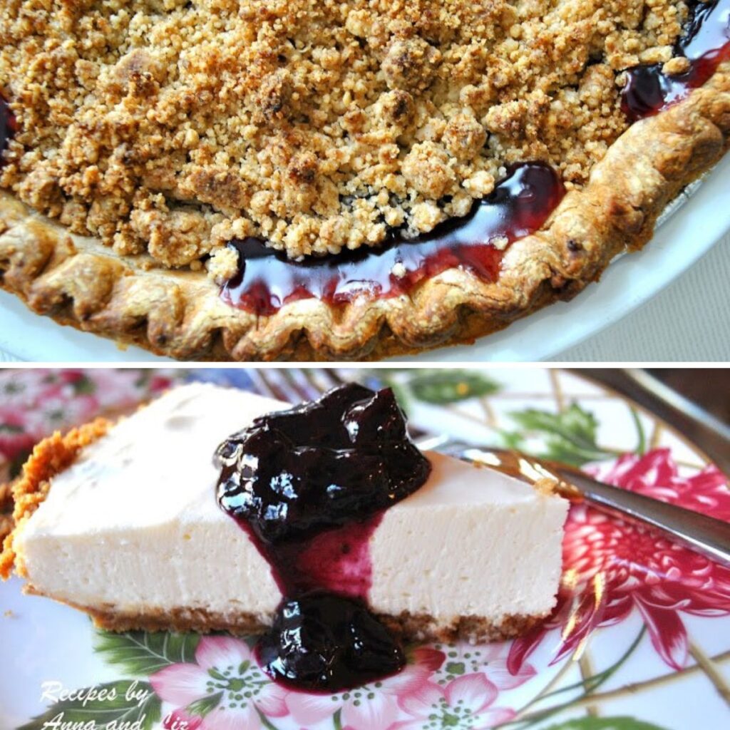 A blueberry crumble pie baked in a white pie dish, and a slice of panna cotta pie with blueberry sauce on top.