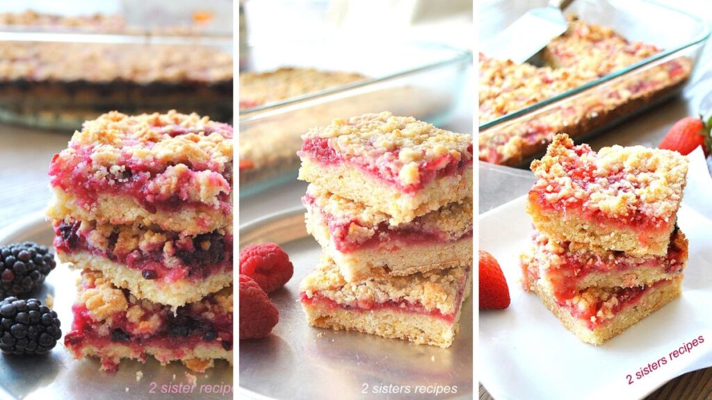There are three different fruity filled crumble bars piled in each photo.