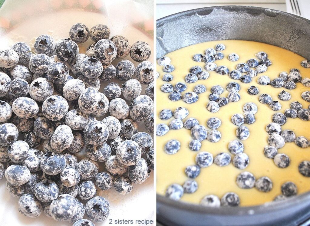 Fresh blueberries dredged in flour, and then scattered on top of cake batter in pan.
