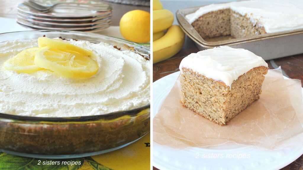 A glass pie dish filled with a cream filling and topped with whipped cream and lemon slices, plus a slice of banana cake served on white plate.