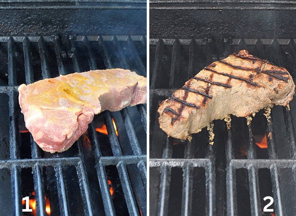 A raw New York strip steak is on a hot grill, cooking.