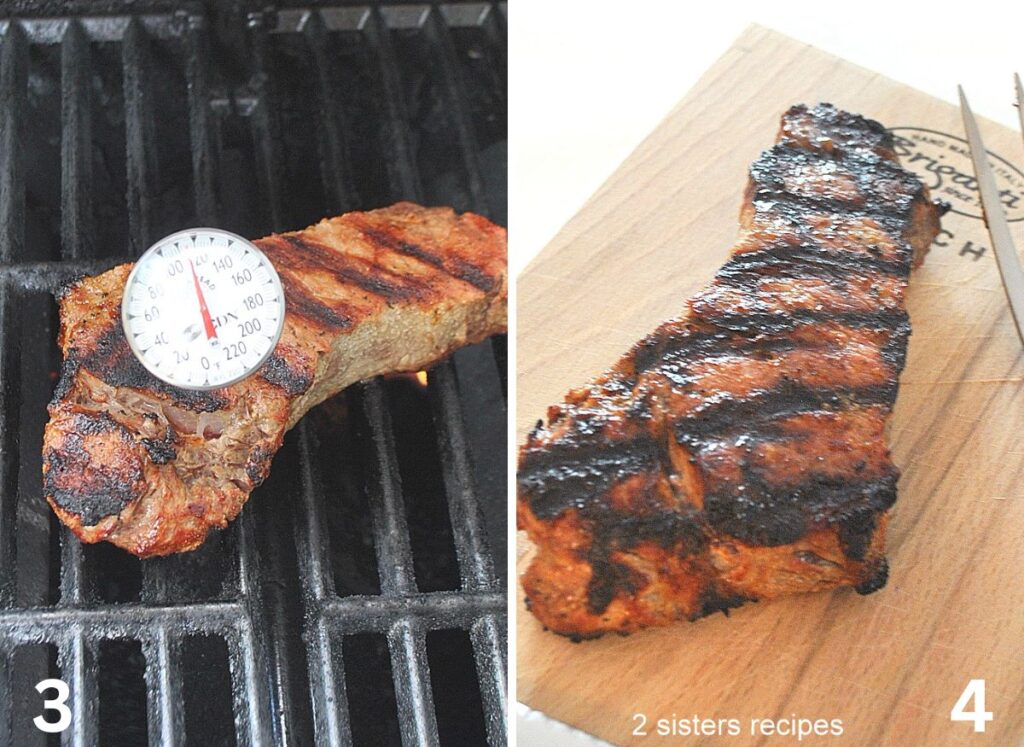 A meat thermometer is inserted into the steak on the grill, then it is placed onto a cutting wood board.