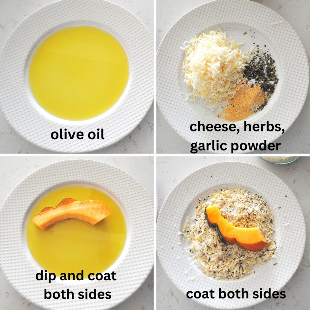 White plates filled with olive oil, and cheese and herbs. And, slice of squash dipped into oil, then cheese mixture.