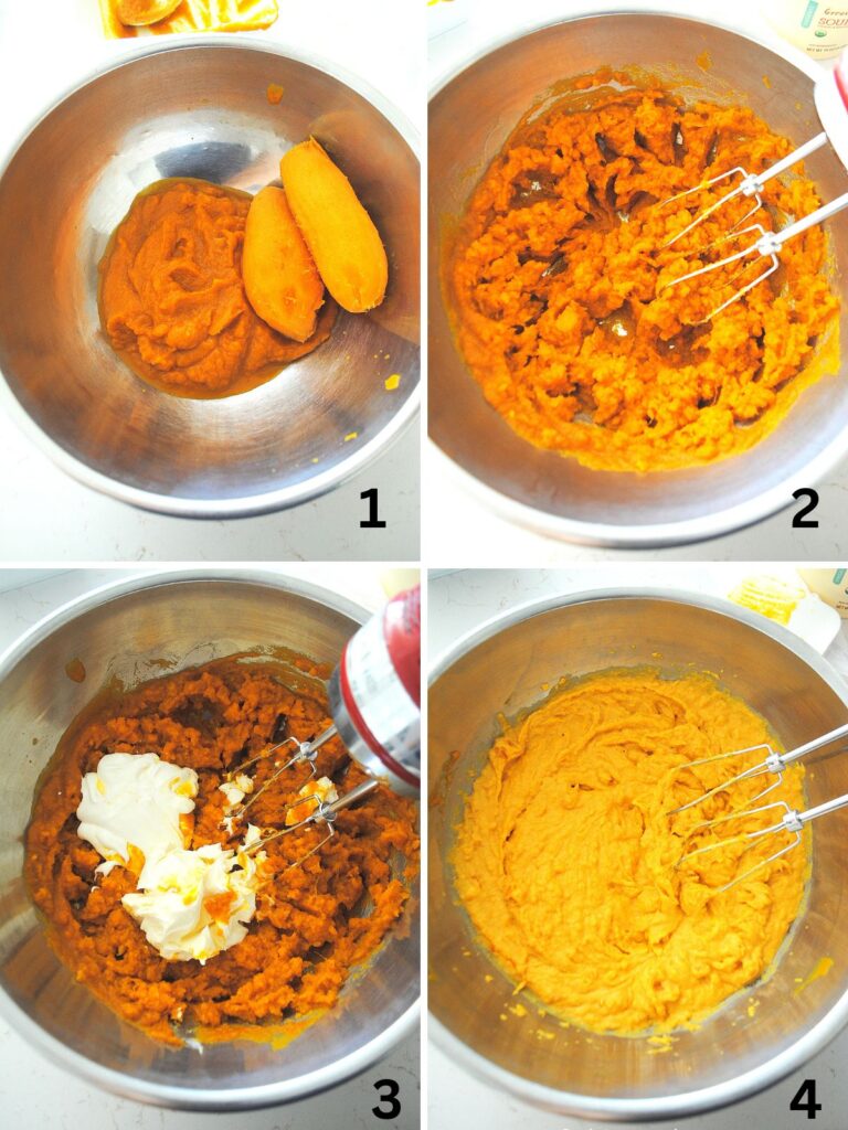 Four Steps to mashing the pumpkin puree with sweet potatoes, with cheese and sour cream.