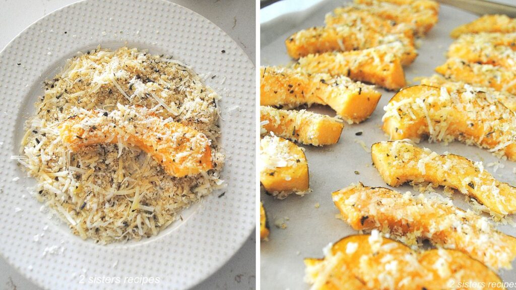 White plate with cheese and herb mixture coating a squash slice.