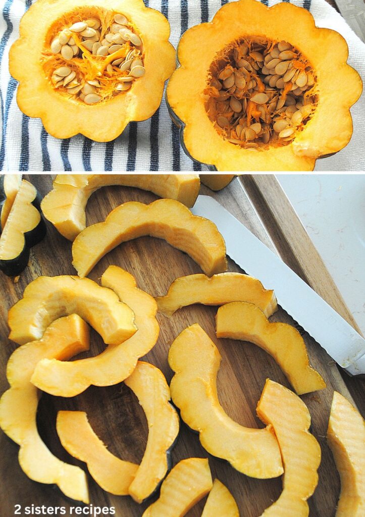 An acorn squash cut in half on a strip kitchen towel, and then sliced on a cutting board.
