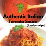 A large pot filled with tomato sauce and fresh basil in the center, and a white plate filled with spaghetti with tomato sauce on top.