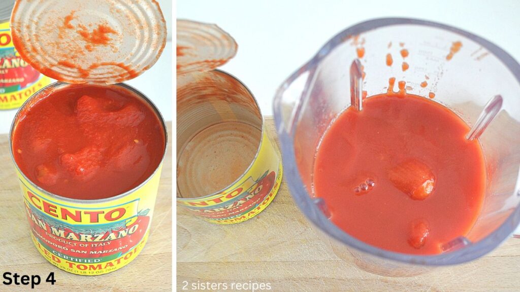 One can of San Marzano Tomatoes is opened, and transferred to a blender.