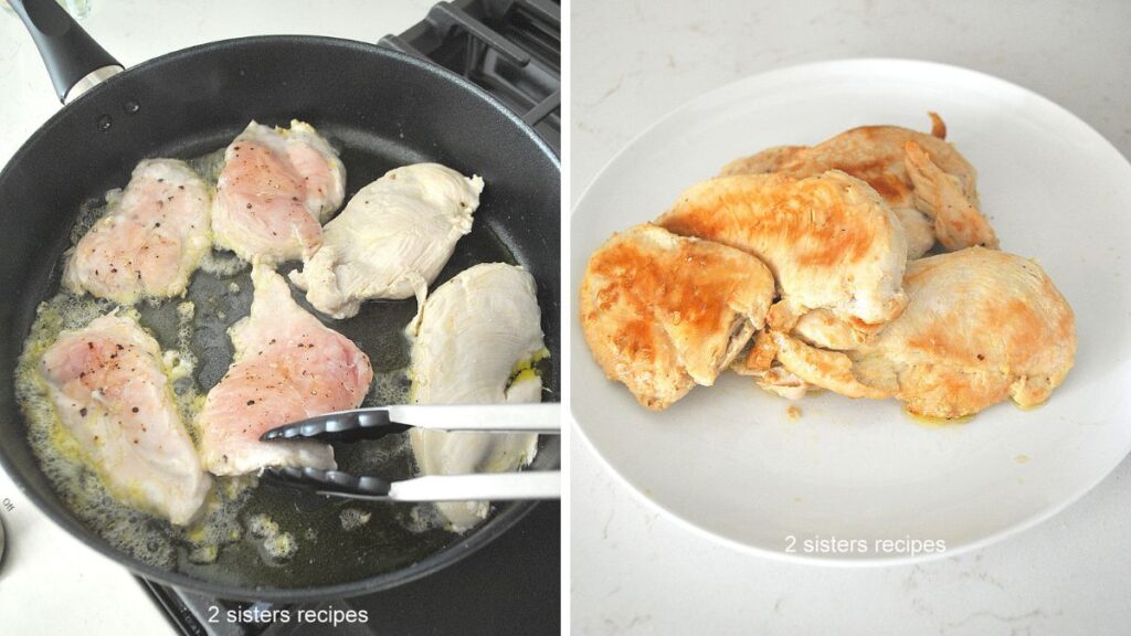 A large black skillet on stovetop sautรฉing chicken breasts until golden, then transferred them to a white plate nearby.