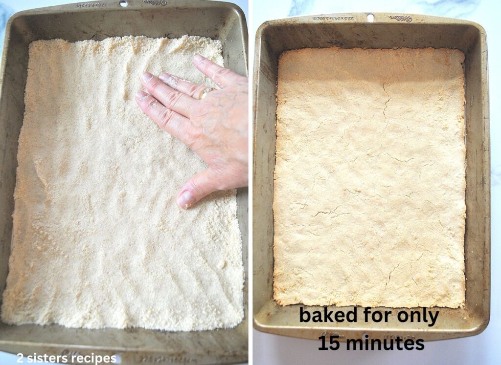 pressing down the crumbly mixture on the bottom of baking pan for form the crust, Then baked it.