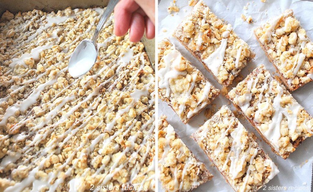A spoon is drizzling icing over the baked crisp. and them cut into bars set on parchment paper.