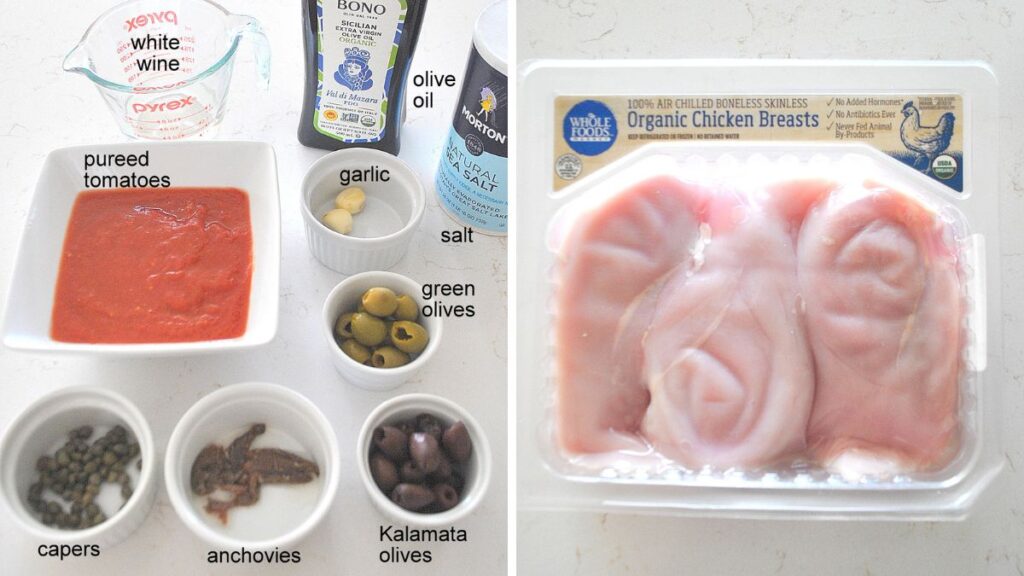 Ingredients placed in small white bowls, and a package of chicken breasts on placed nearby on the counter.