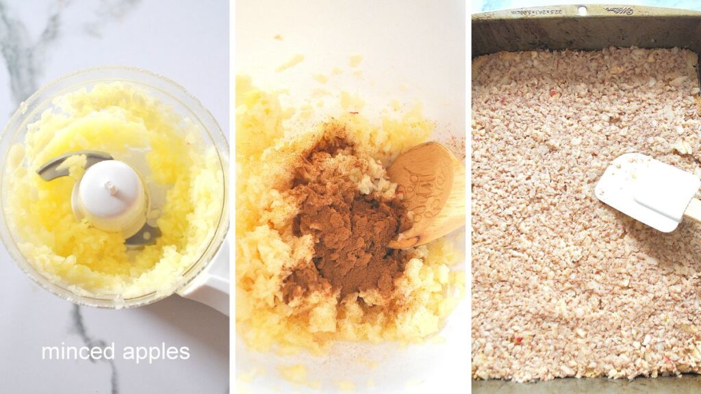 A mini food chopper filled with minced apples, then white bowl with apple filling and then spread over the partially baked crust in pan.