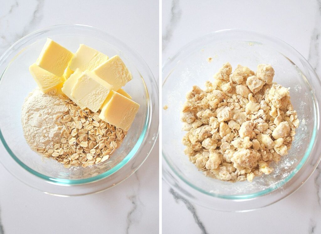 A clear glass bowl with oats, flour and pieces of cold butter. And , a crumbly mixture.